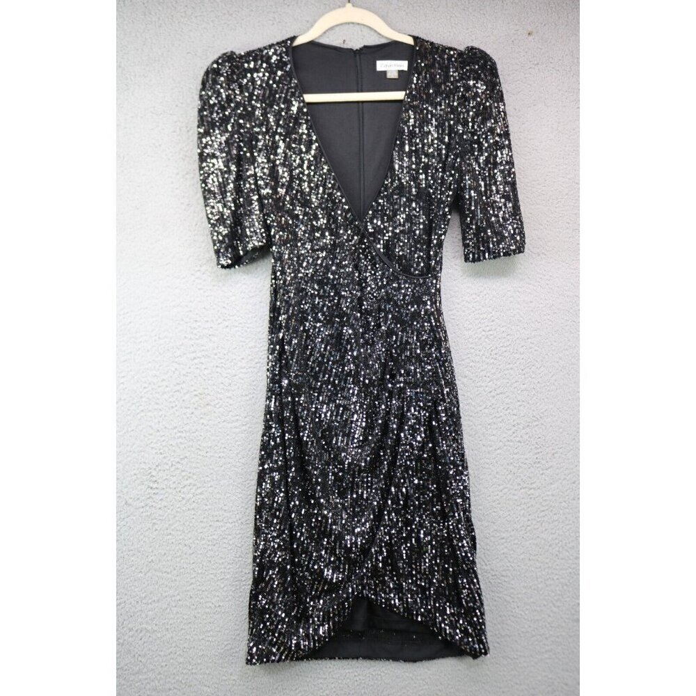 Calvin Klein Faux Wrap All Over Sequins-Size 4-Short Sleeves-Party Dress-Lined